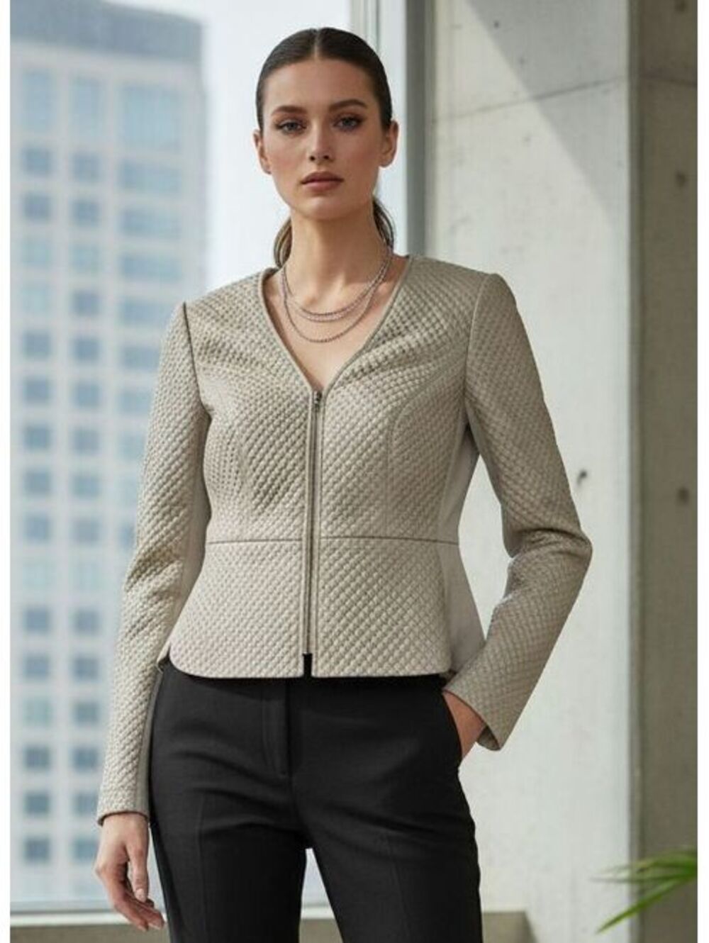 BCBGMAXAZRIA Champagne Gold Quilted Faux Leather Zip Jacket Peplum Size XS